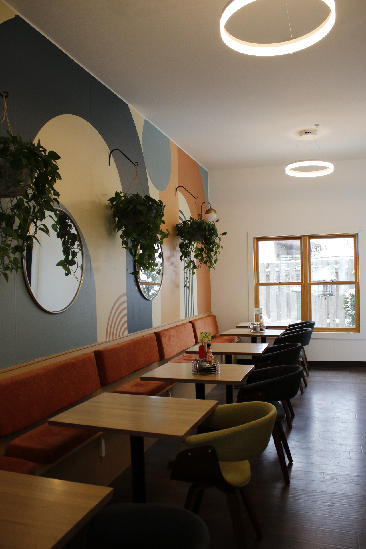 Hanging plants and pastel mural inside the cafe